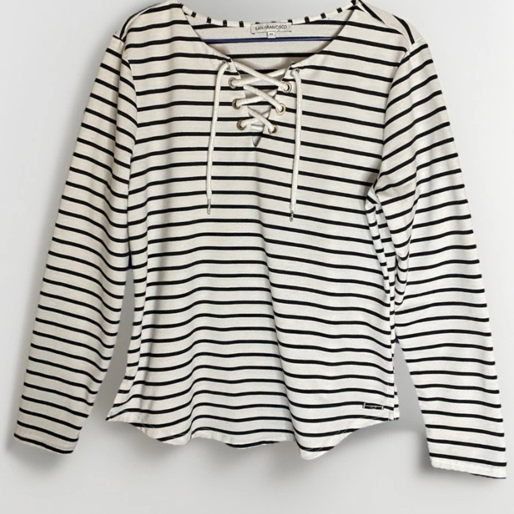 San Francisco Lace Up Front Shirt Women’s Sz L Black Ivory 100% Cotton Nautical